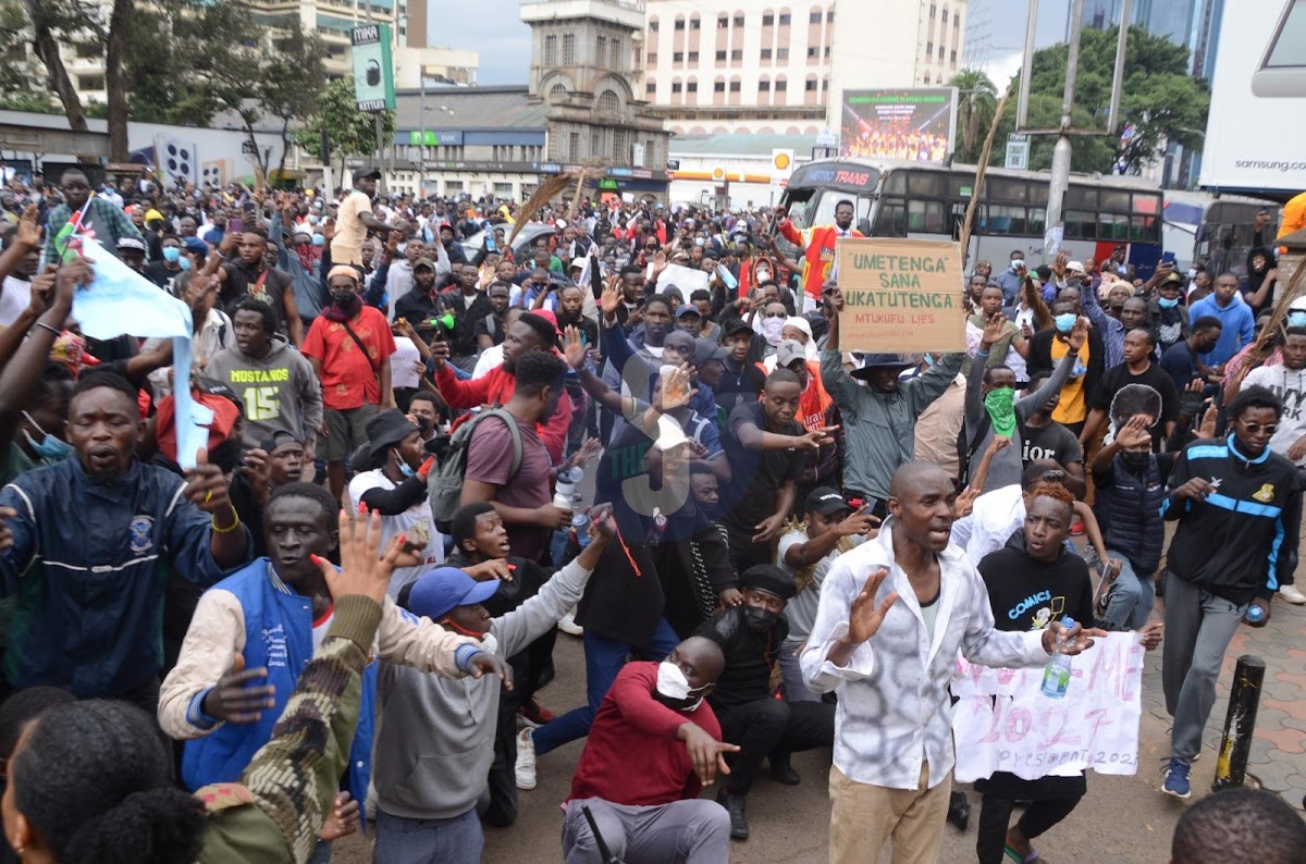 Demonstrators outside Nyayo House they chant in unison during finance bill demonstration in CBD on June 20, 2024 Image: DOUGLAS OKIDDY “We refuse to be silenced, so we are marching on.”